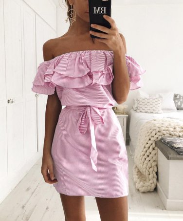 Size XL Pink Women Mini Stripe Dress DM1069