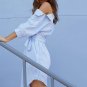 Size 2XL Blue Stripe Slash Neck Women Shirt Dress DM1071
