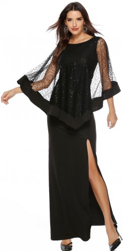 Size M Black Sequined High Waisted Mesh Split Slim Dress DM1075