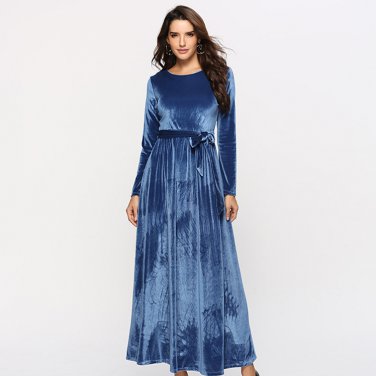 Size L Blue Velvet Long Winter Warm Dress DM1080