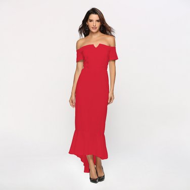 Size M Red V-neck Off Shoulder Tuxedo Elegant Dress DM1081