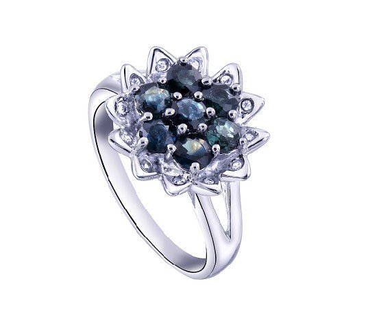 Natural sapphire round Cut flower shape sterling silver ring(1.92ct)