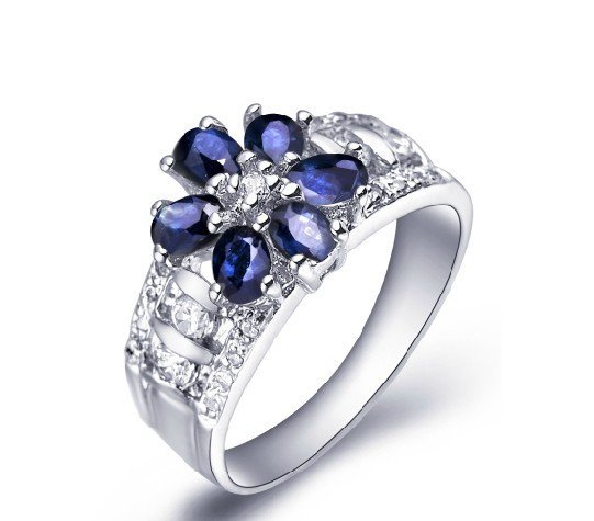 Natural sapphire Oval Cut flower shape sterling silver ring(1.35ct)