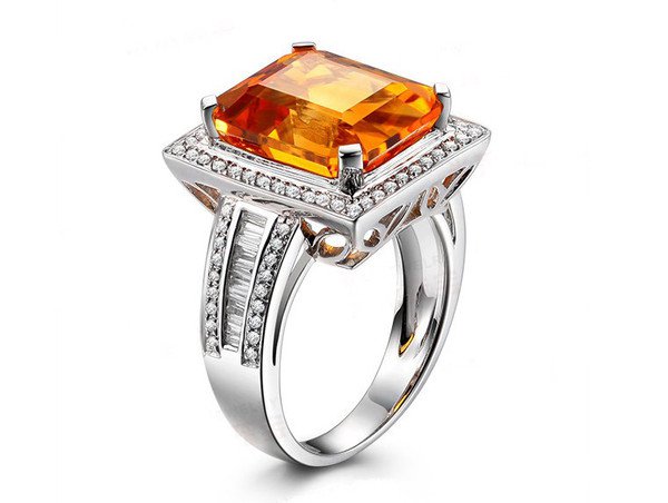 Natural huge 6.56ct Citrine rings and surrounding with 0.88ct natural diamond 14K white gold rings