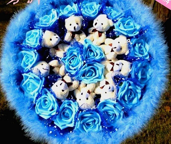 Wholesale Cartoon Teddy Bear Doll Bouquet Flower Valentine's Day Wedding Birthdays Gift - Blue
