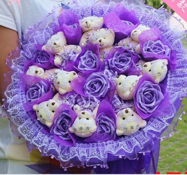 Wholesale 11 Teddy Bear Dolls 11 Roses Bouquet  Valentine's Day Wedding Birthdays Gift - Purple