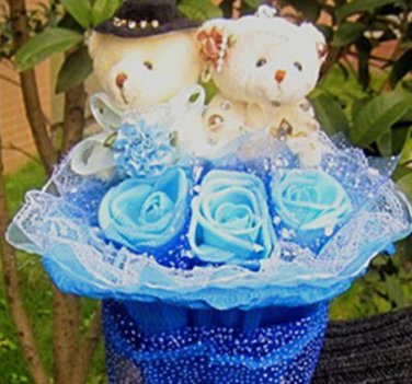 Wholesale Teddy Bear Dolls  Flowers Bouquet  Valentine's Day Wedding Birthdays Gift - Blue