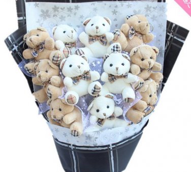 Plush Teddy Bear Dolls Bouquet  Valentine's Day Wedding Birthdays Gift - White/Grey