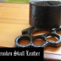 Wide black leather cuff with hand tooled background with shamrocks