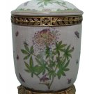 PORCELAIN FLORAL JAR W/ LID AND ANTIQUE LOOK BRASS