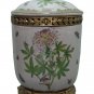 PORCELAIN FLORAL JAR W/ LID AND ANTIQUE LOOK BRASS