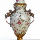 FLORAL PORCELAIN HAND PAINTED URN WITH LID AND ANTIQUE ROSES SHAPED BRASS, BRAND NEW!