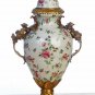 FLORAL PORCELAIN HAND PAINTED URN WITH LID AND ANTIQUE ROSES SHAPED BRASS, BRAND NEW!
