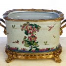 HUGE HAND PAINTED FLORAL PORCELAIN POT WITH BRASS