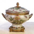 NEW HAND PAINTED FLORAL PORCELAIN JAR WITH LID AND DECORATIVE BRASS - BRONZE