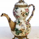 PORCELAIN TEAPOT  ANTIQUE STYLE W/ LID & BRASS TRIM