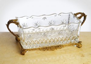 CARVED CRYSTAL WITH ANTIQUE BRASS RECTANGLE PLANTER,Free Shipping