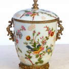 PORCELAIN FLORAL JAR WITH LID AND ANTIQUE LOOK SOLID BRASS