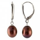 Genuine Freshwater 7-8MM Long  Shape Chocolate Pearl  Lever Back Silver Earning