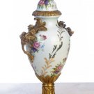 PORCELAIN HAND PAINTED URN WITH ANTIQUE ROSE SHAPED BRASS-BRONZE