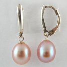 Genuine Freshwater 7-8MM Long Shape Pink Pearl Lever Back Silver Earring