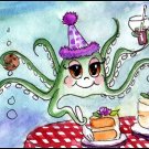 ACEO Art - Watercolor - Octopus Birthday - Patricia Ann Rizzo