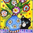 ACEO Art - Funky Flowers Black Cat - Patricia Ann Rizzo