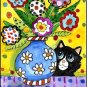 ACEO Art - Funky Flowers Black Cat - Patricia Ann Rizzo