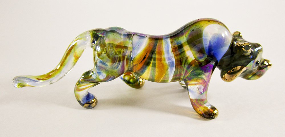Hand Blown Glass Blue-Violet-Yellow Tiger Gilt Art Glass Animal Figurines Thai Gifts