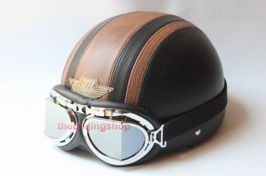 half face scooter motorcycle PU leather helmet goggle Brown Cros