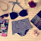 Vintage Retro Pin Up Black Stripes High Waist Bikini Swimsuit Swimwear