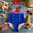 Vintage Retro Pin Up Blue Stripes Nautical Sailor High Waist Bikini Swimsuit Swimwear