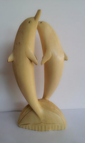 PAIR DOLPHIN SEA WOODEN HAND CARVED HOME DECOR MARINE ANIMAL STATUE FIGURINE