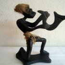 HANDMADE CARVED WOODEN OLD BALINESE ABORIGINAL MAN PLAYING SAXOPHONE FROM BALI