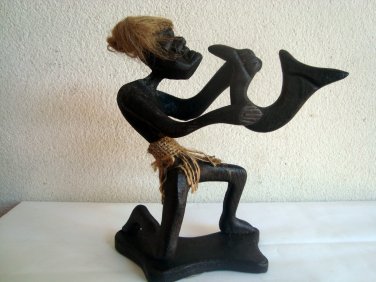 HANDMADE CARVED WOODEN OLD BALINESE ABORIGINAL MAN PLAYING SAXOPHONE FROM BALI