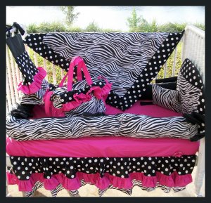 NEW crib bedding set HOT PINK BLACK ZEBRA POLKA DOTS