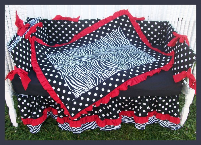 NEW crib bedding set RED BLACK ZEBRA POLKA DOTS fabrics