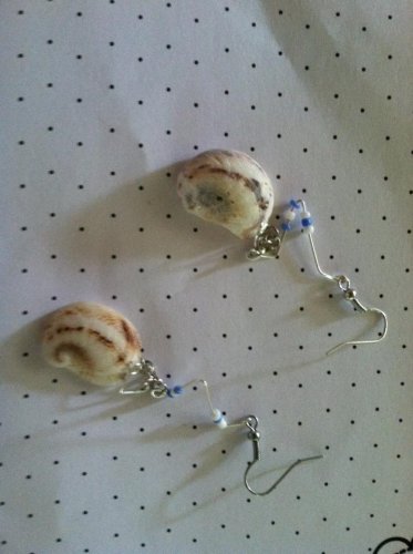 Silver shell earrings with white and light blue beads.
