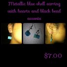 Metallic Blue Shell Earrings with hearts, Swirls & Black Bead Accents