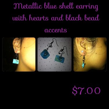 Metallic Blue Shell Earrings with hearts, Swirls & Black Bead Accents