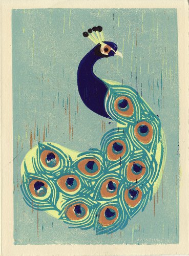 Indian Peacock Hand Pulled Linocut Block Print