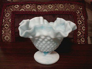 VINTAGE BLUE/WHITE MARBLE SWIRL HOBNAIL COMPOTE