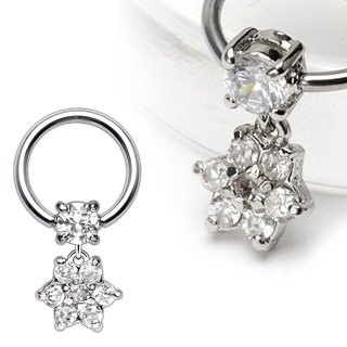 CZ AND GEM PAVED FLOWER DANGLE CAPTIVE HOOP 16G