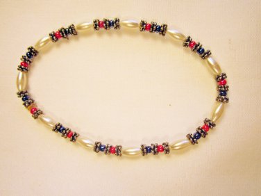 B15 - red, blue & pearl beaded bracelet