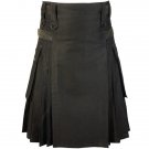 Men Black Deluxe Utility Kilt With Leather Strips