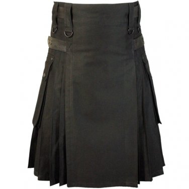 Men Black Deluxe Utility Kilt With Leather Strips