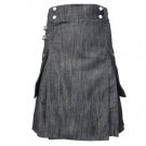 Heavy Weight Grey/Black Denim Cotton Utility Kilt For The Active Man