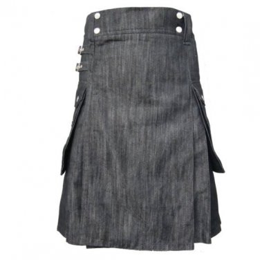 Heavy Weight Grey/Black Denim Cotton Utility Kilt For The Active Man