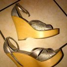 Steve Madden Metalic Gray Wedges Womens leather high heel strap up wedges SZ 7