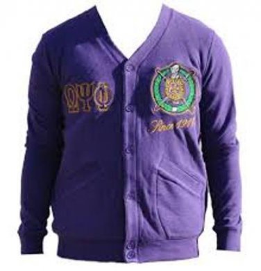 OMEGA PSI PHI FRATERNITY CARDIGAN SWEATER SOBAT Q-DOG PURPLE GOLD SWEATER TOP